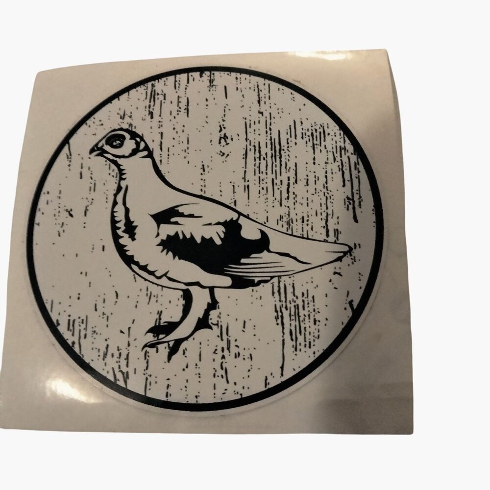 Grouse Sticker Black White Rustic Woodgrain Background 3 inch